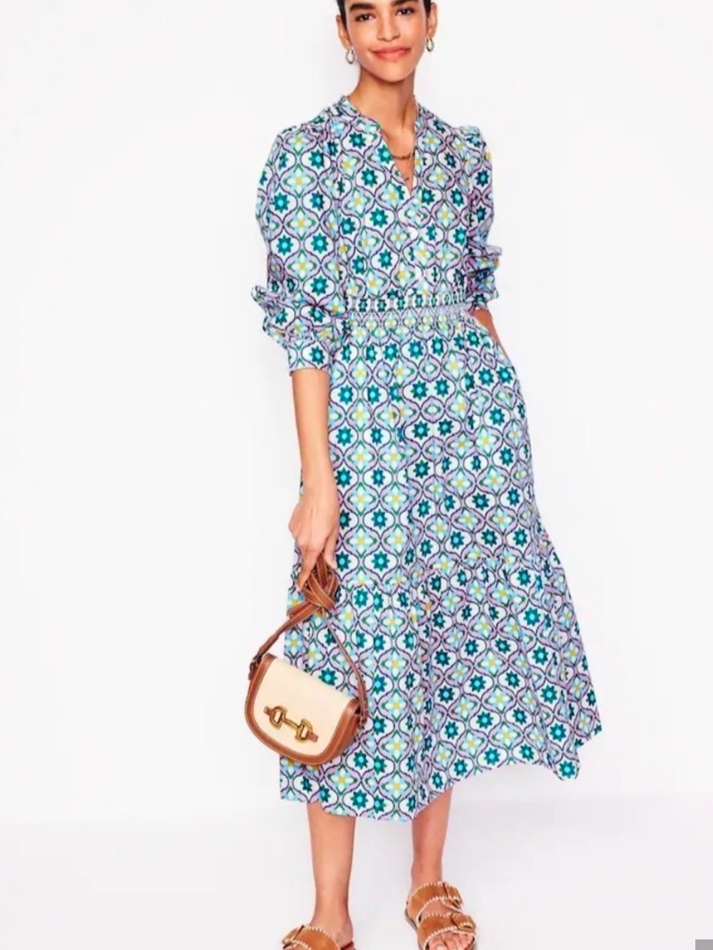 Boden Old Money Classic Boho Artsy Teal Purple Geometric Midi Dress Size 2R